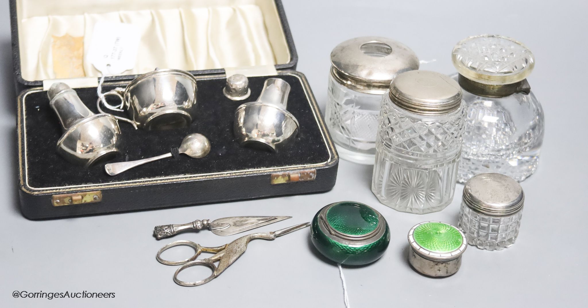 A collection of silver and plated items, including a Norwegian silver and guilloche enamel circular snuff box by David Andersen